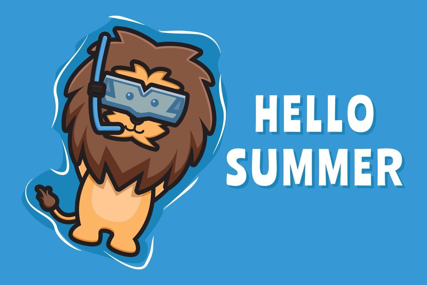 Cute lion floating relaxes with a summer greeting banner cartoon vector icon illustration