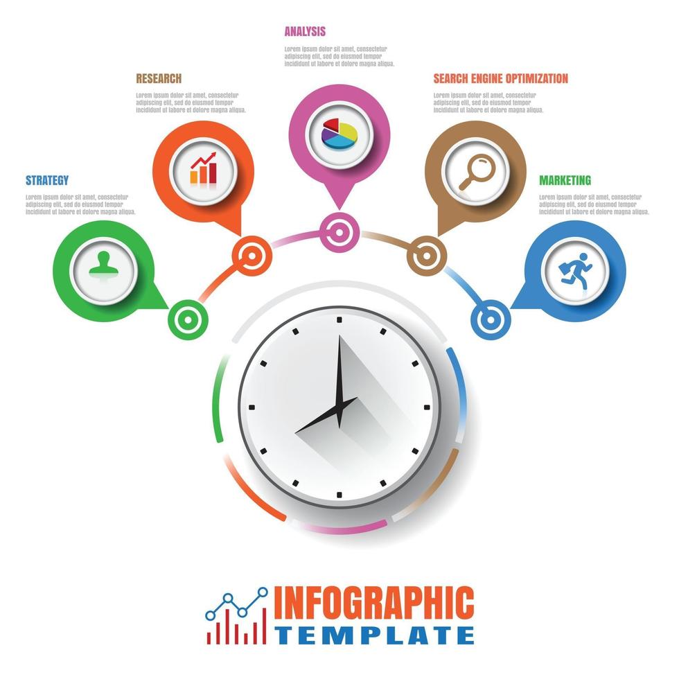 Business modern timeline infographic clock designed for template background elements diagram planning process web pages workflow digital technology data presentation chart. Vector illustration