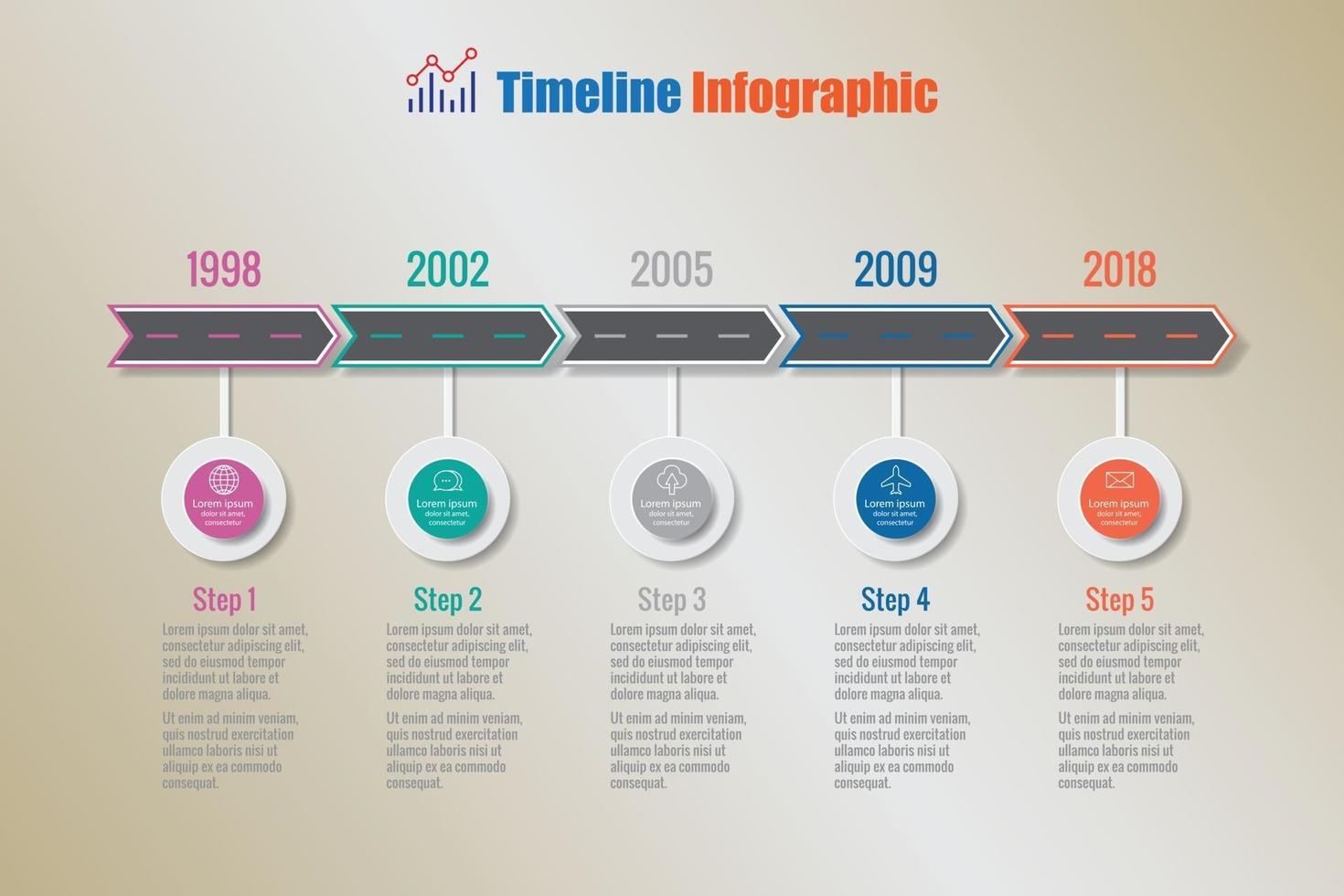 Infografía de línea de tiempo de hoja de ruta empresarial con ilustración de vector de círculo de 5 pasos