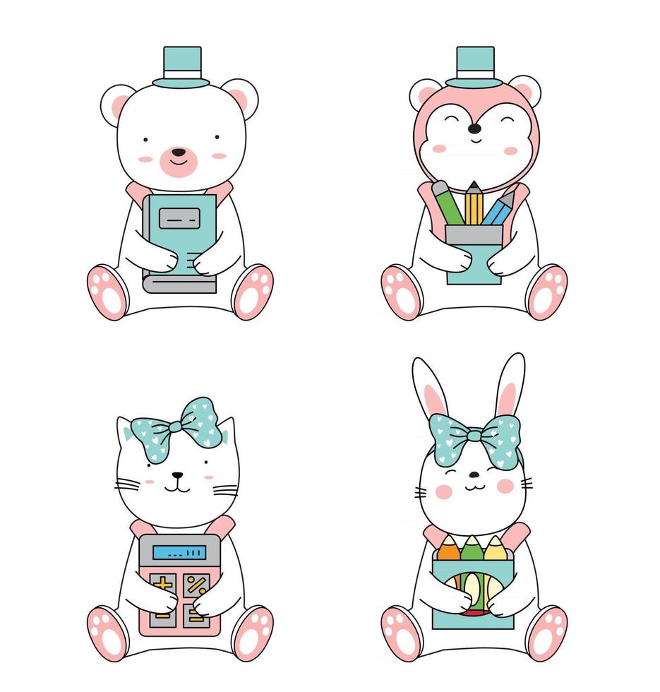 Cartoon sketch the cute animals. Hand drawn style. vector