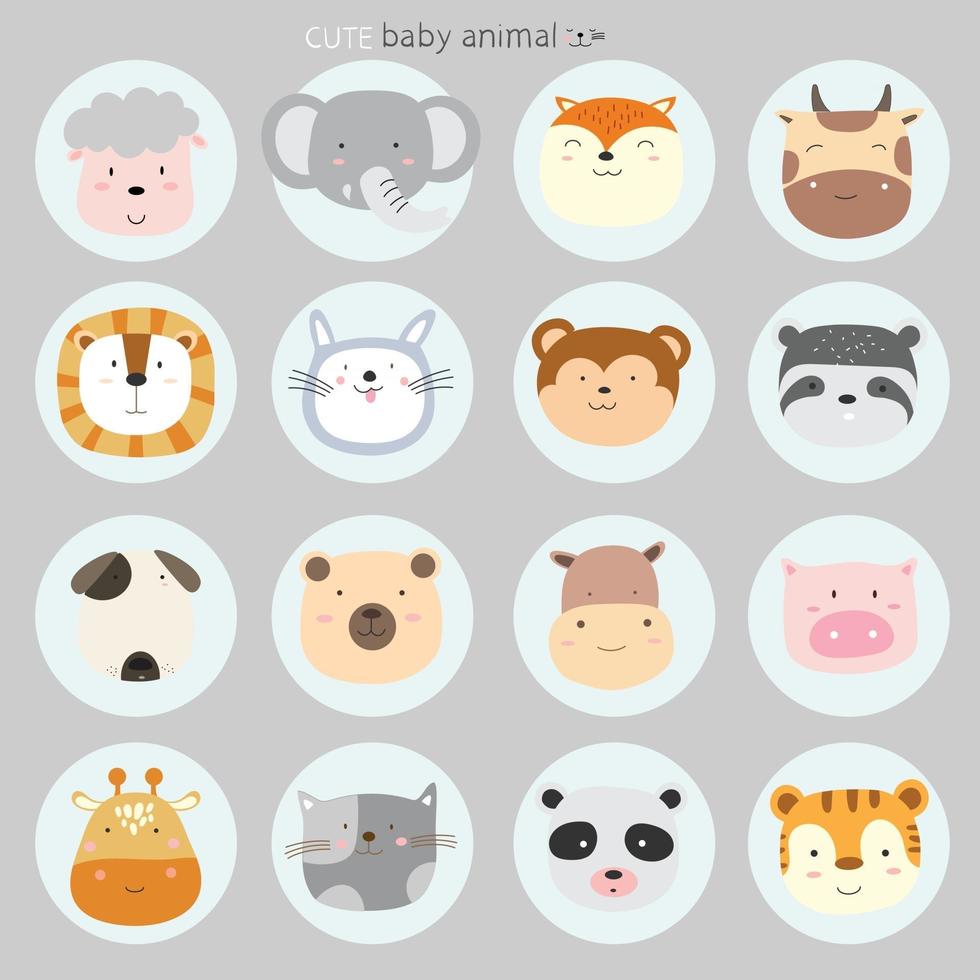 conjunto de iconos de dibujos animados de animales lindos. estilo dibujado a mano vector