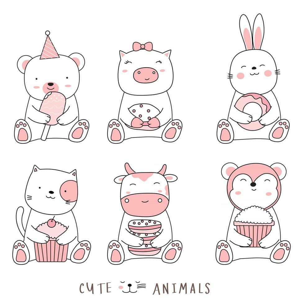 Cartoon sketch the cute animals. Hand drawn style. vector