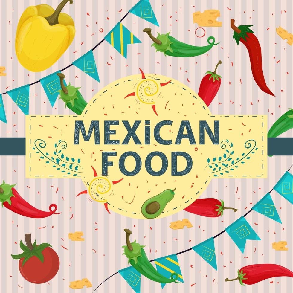 etiqueta de banner cuadrada plana sobre el tema de la comida mexicana gran nombre de inscripción en el centro en el fondo son rojo verde pimiento picante y amarillo dulce vector