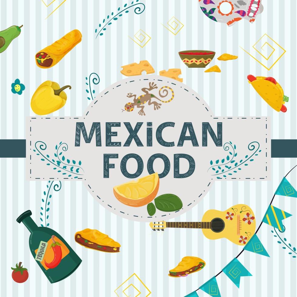 Square Banner label flat on the theme of Mexican food a large inscription name in the center on the background are located tortilla taco hot pepper steak a bottle of tequila vector