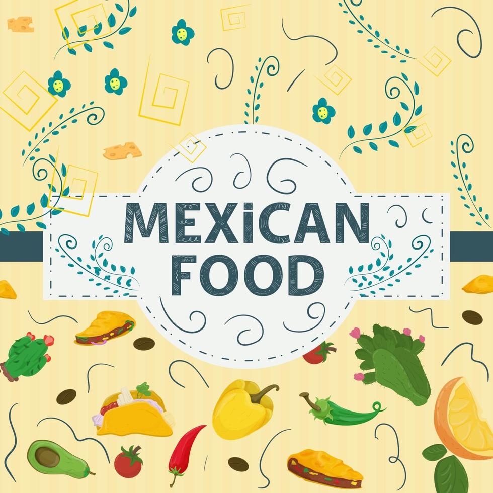 etiqueta de banner cuadrada plana sobre el tema de la comida mexicana gran nombre de inscripción en el centro en el fondo son tacos de chile rojo verde y burritos vector