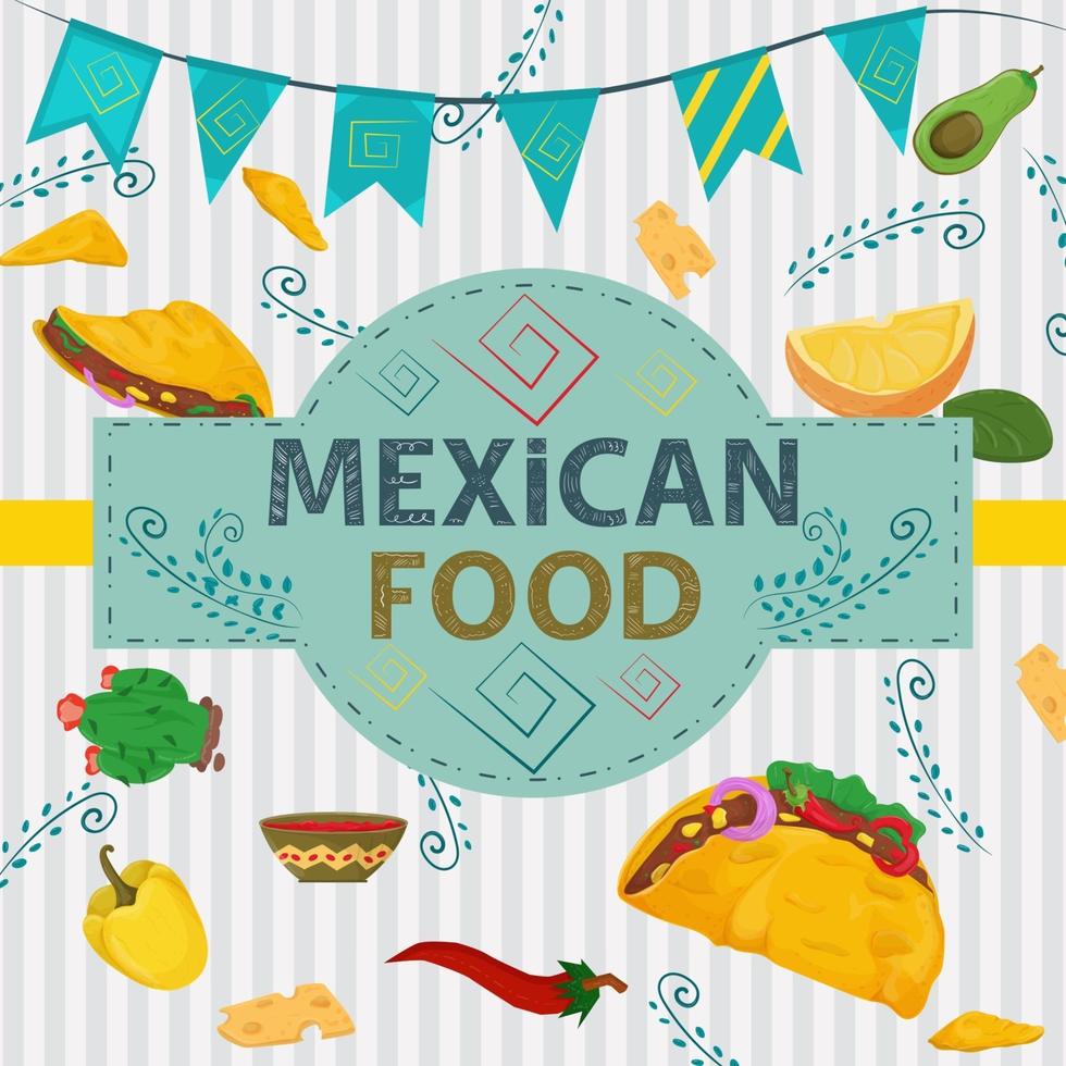 etiqueta de banner cuadrada plana sobre el tema de la comida mexicana gran nombre de inscripción en el centro en el fondo hay ramas de plantas de cactus de pimiento picante de taco de tortilla vector