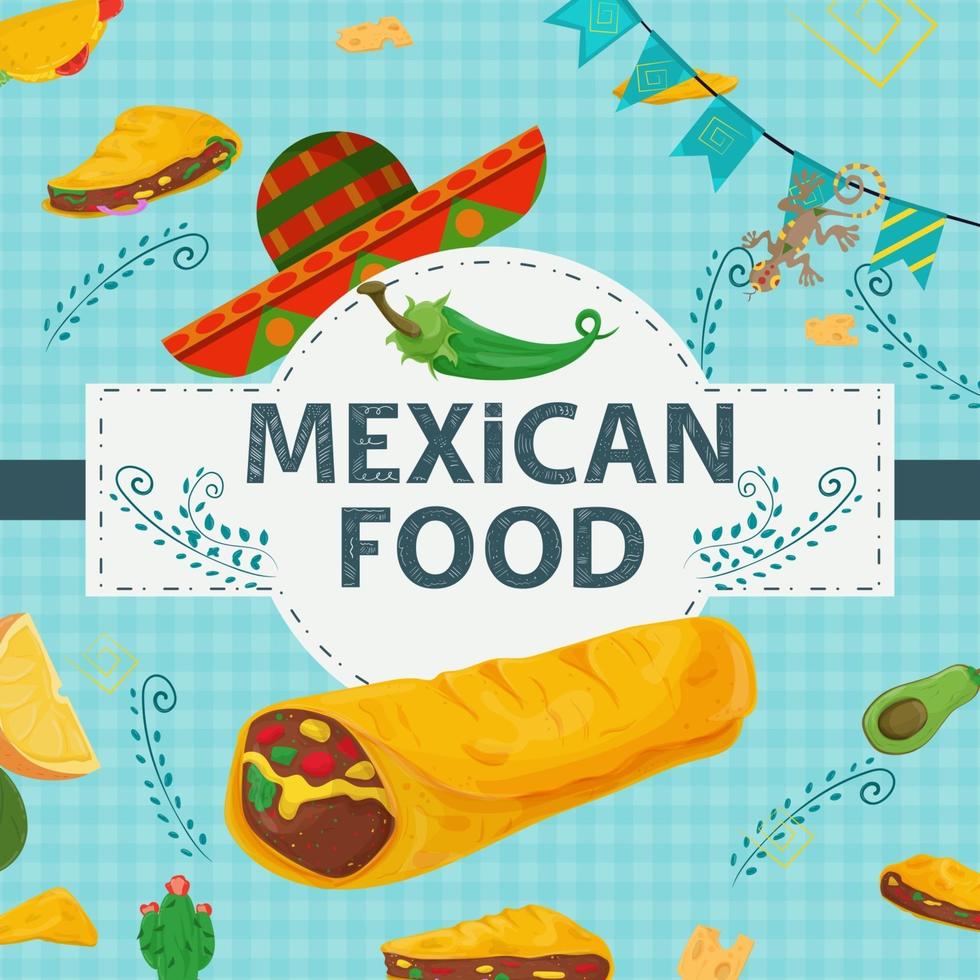 A square banner label flat on the theme of Mexican food a large inscription name in the center on the background there is a tortilla burrito hat sombrero green pepper vector