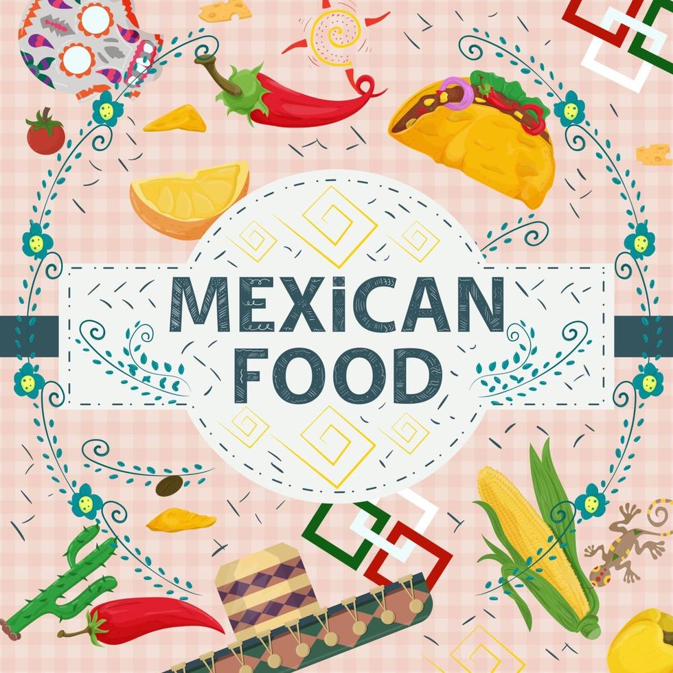 etiqueta de banner cuadrada plana sobre el tema de la comida mexicana gran nombre de inscripción en el centro en el fondo son sombreros de pimienta calaveras de maíz vector