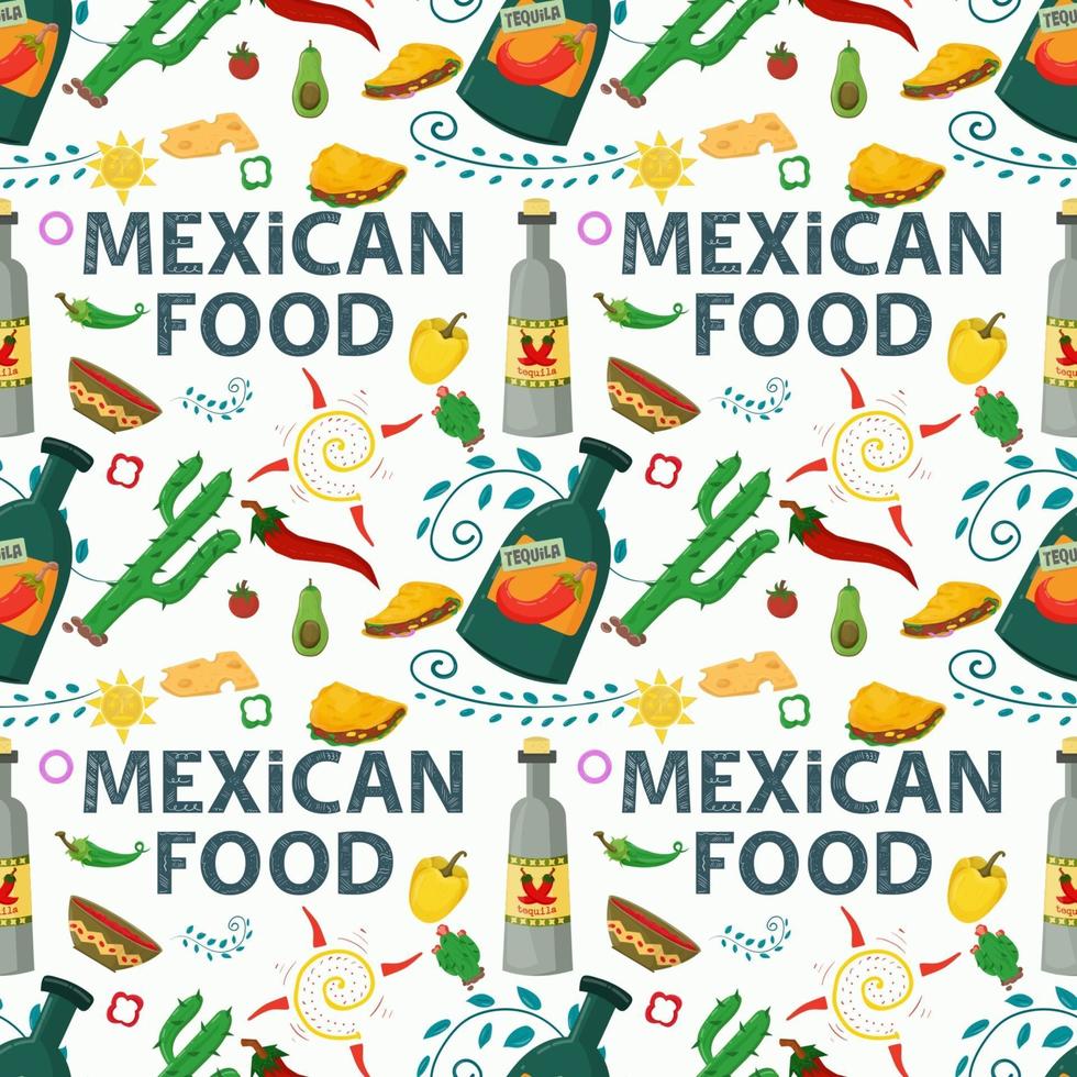 Plano de patrones sin fisuras sin fin sobre el tema de la comida mexicana, bebida, cactus de tequila y tortilla de taco sobre un fondo blanco. vector