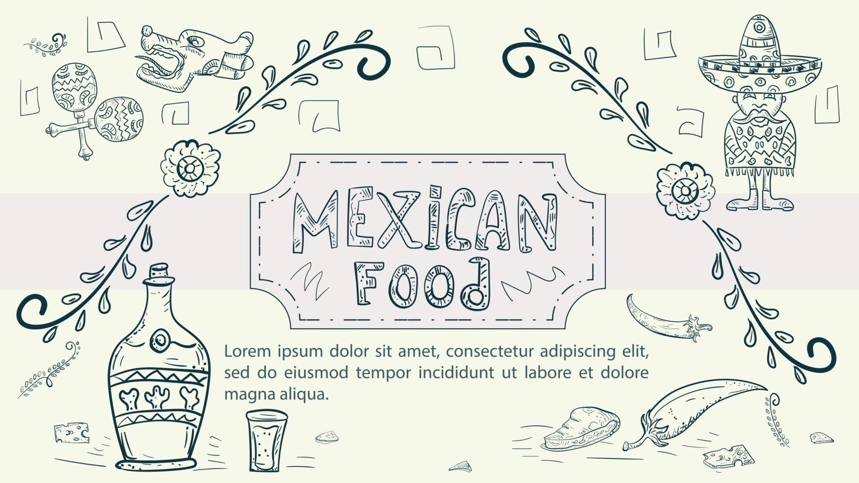 Illustration sketch made in the style of a doodle hand drawn for a design on the theme Mexican national food a Mexican man in national clothes drink tequila pepper vector