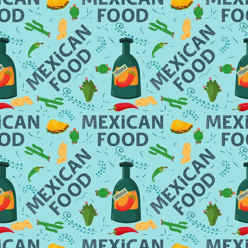 Flat endless seamless pattern on the theme of Mexican food tequila drink bottle and cactus plant on a blue background vector