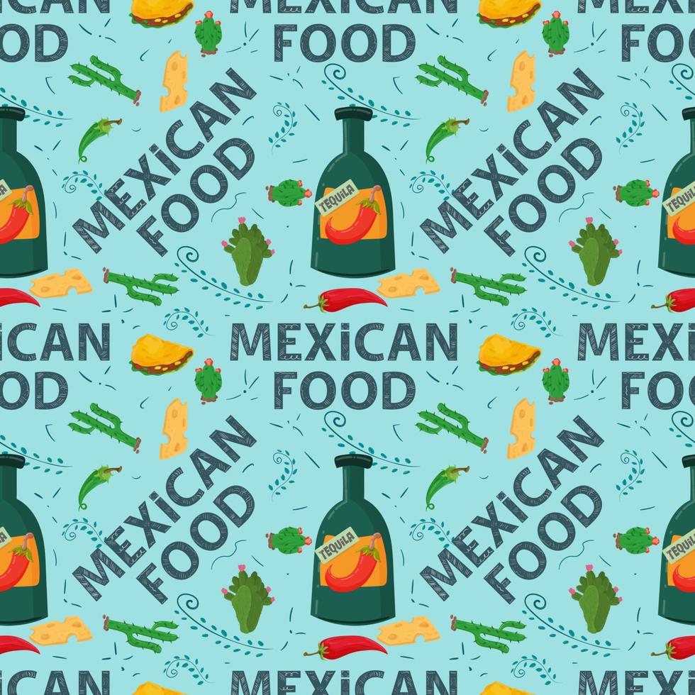 plano sin fisuras patrón sin fisuras sobre el tema de la comida mexicana botella de bebida de tequila y planta de cactus sobre un fondo azul vector