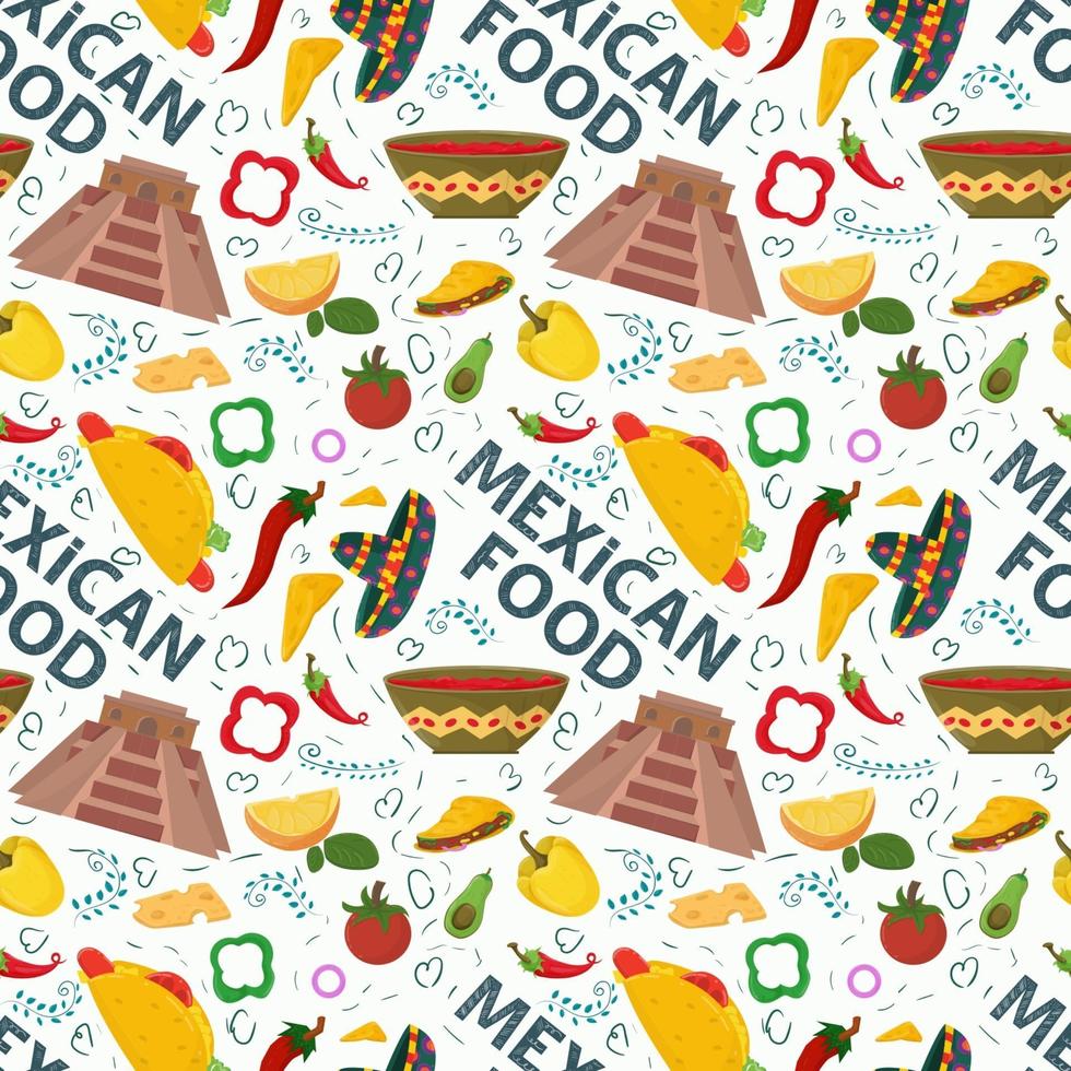 Flat endless seamless pattern on the theme of Mexican food pyramid of Indians sauce and red chili pepper on a white background vector
