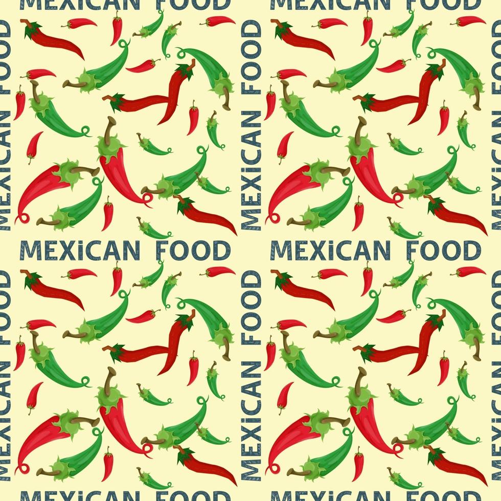 Flat endless seamless pattern on the theme of Mexican food red and green hot chili pepper on a yellow background vector