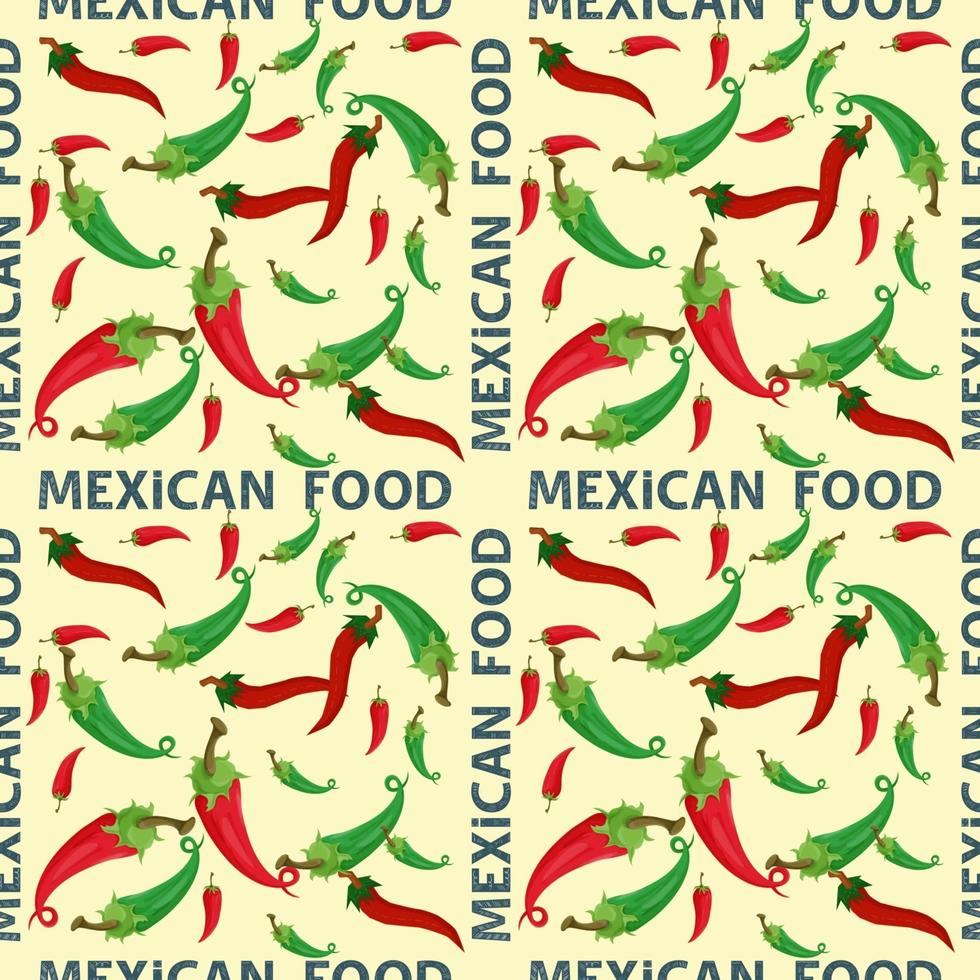 plano sin fisuras patrón sin fin sobre el tema de la comida mexicana rojo y verde pimiento picante sobre un fondo amarillo vector