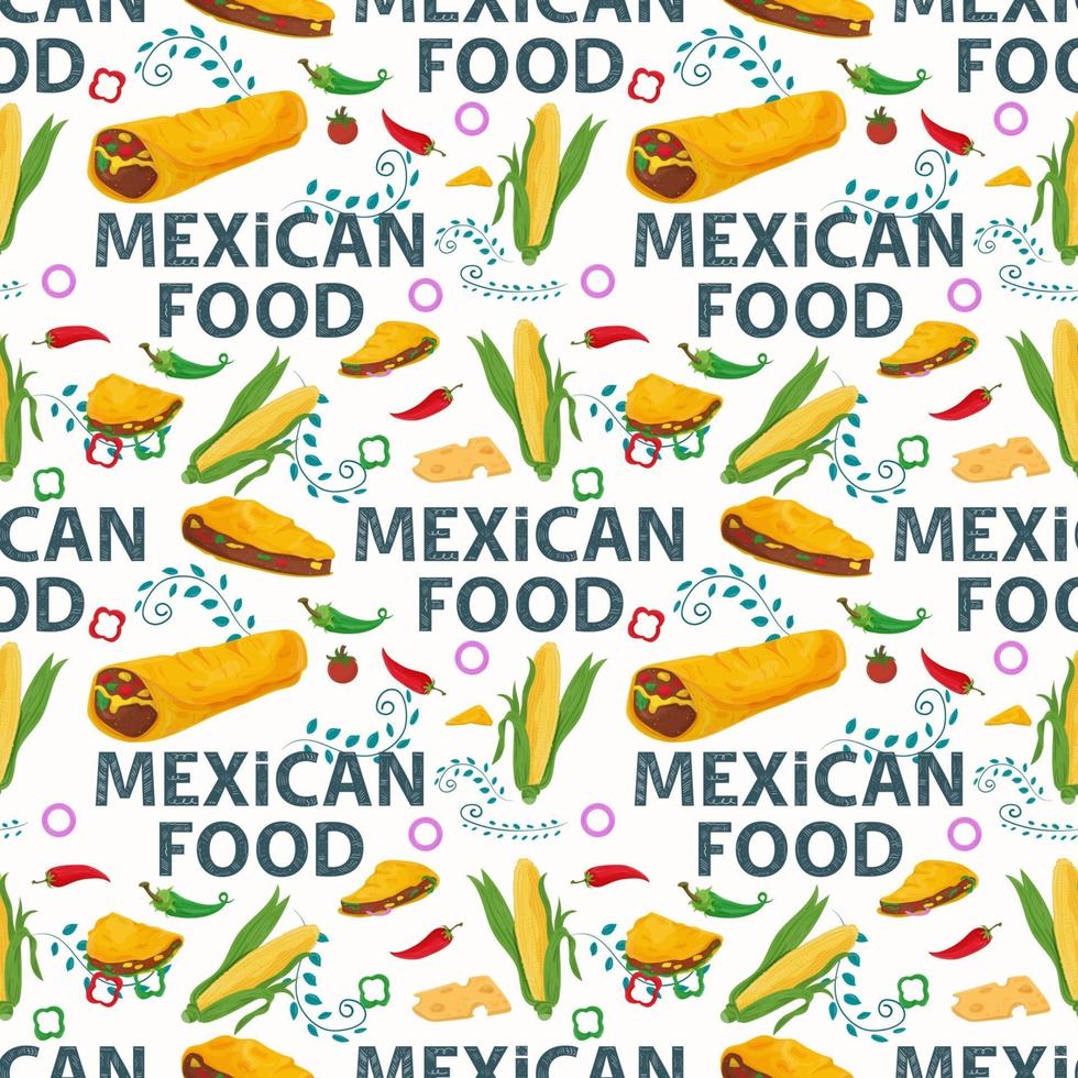 Flat endless seamless pattern on the theme of Mexican food corn maize and tortillas taco cheetos on a white background vector