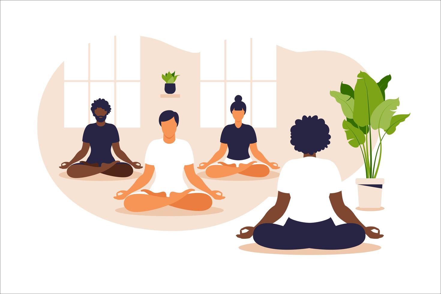 grupo de yoga. posición de equilibrio y estiramiento. personas sentadas juntas en la posición de loto, están practicando meditación de atención plena y yoga, estilo de vida saludable y concepto de espiritualidad. vector. vector