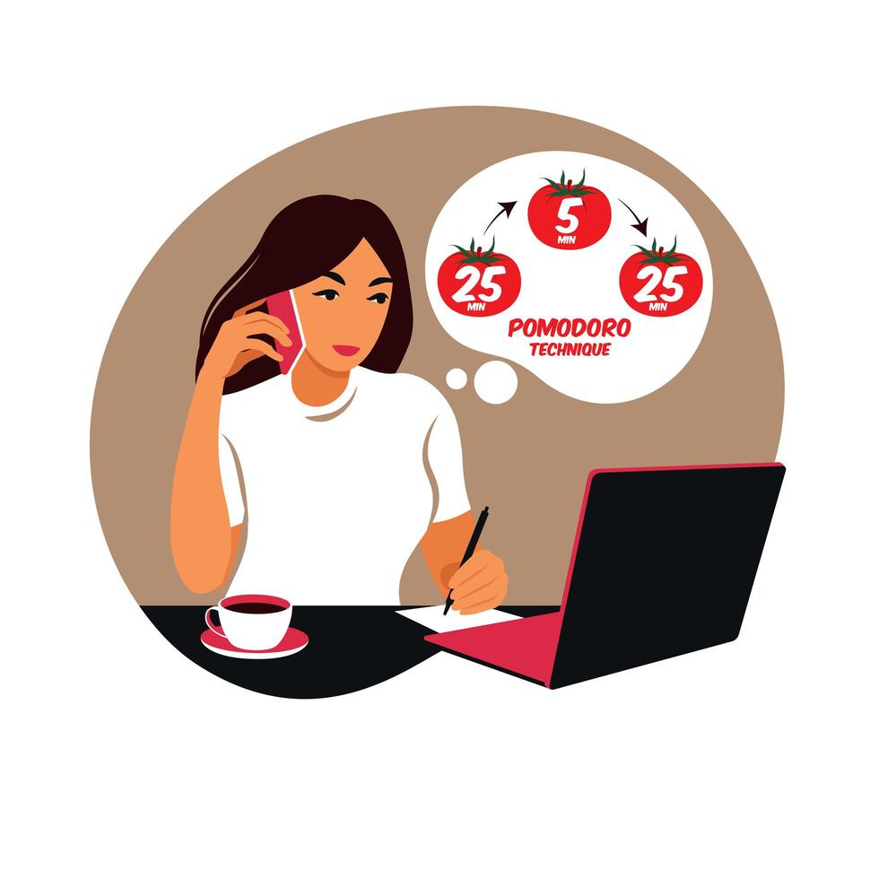 Girl manager working with computer using time management. Pomodoro technique concept. Vector. Flat. vector