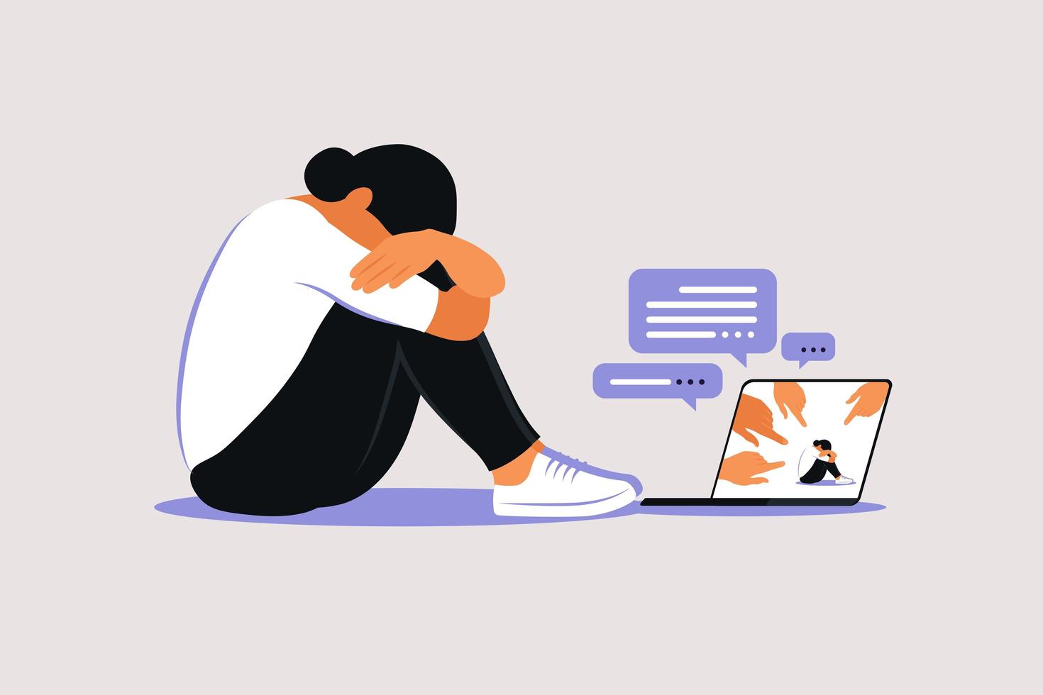 Cyber bullying concept. Depressed woman sitting on the floor. Opinion and the pressure of society. Shame. Vector flat