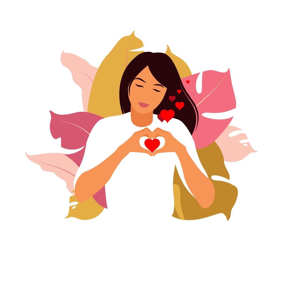 concepto de amor propio. niña haciendo el símbolo del corazón de la mano con sus dedos que expresan amor y aceptación. vector plano.