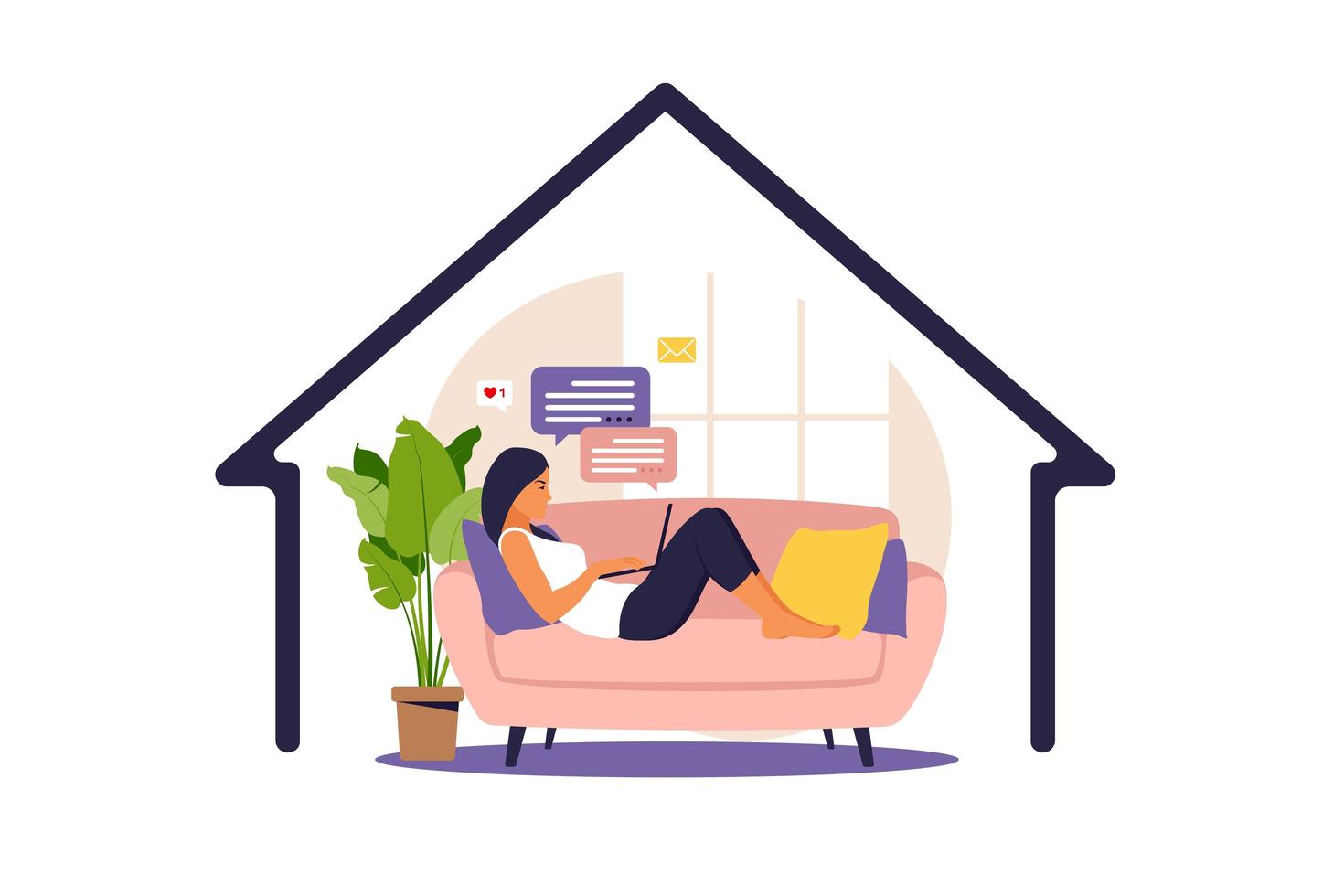 Home office concept, woman working from home lying down on a sofa, student or freelancer. Vector illustration in flat style