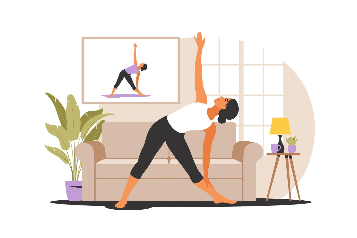 Online workout concept. Woman doing yoga at home. Watching tutorials on a TV. Sport exercise in a cozy interior. Vector illustration. Flat.