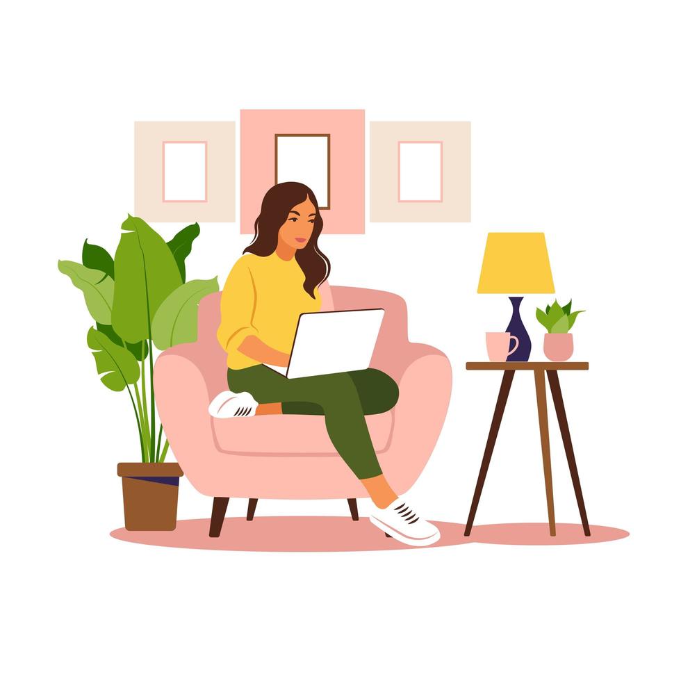 Woman sitting with laptop. Concept illustration for working, studying, education, work from home, healthy lifestyle. Can use for backgrounds, infographics, hero images. Flat. Vector illustration.