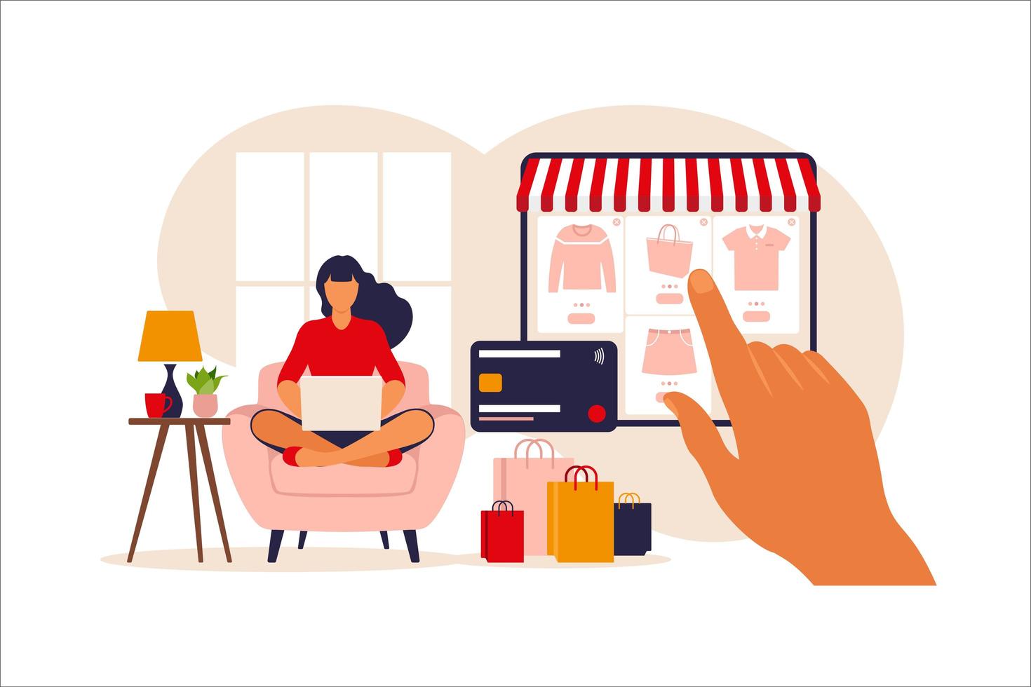 Woman shopping online on laptop. Vector illustration. Online store payment. Bank credit cards. Digital pay technology. E-paying. Flat style modern vector illustration.