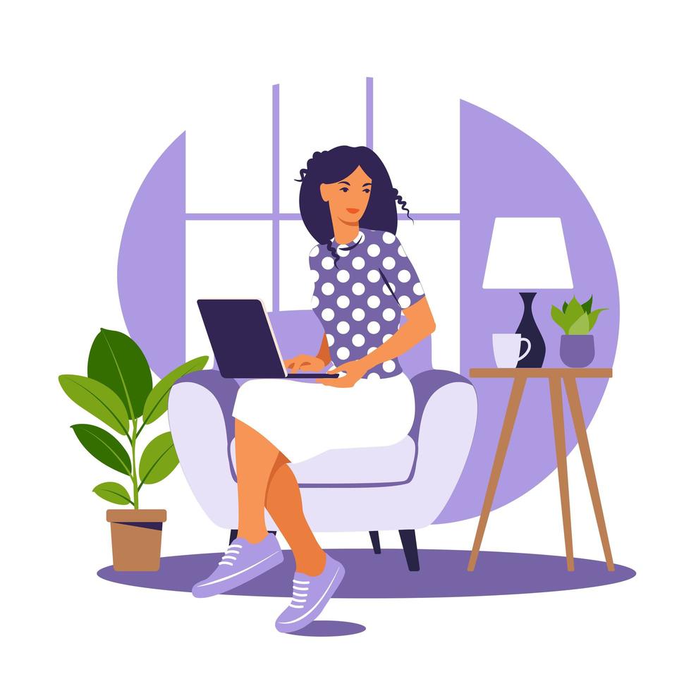 Woman sitting on the armchair with laptop. Working on a computer. Freelance, online education or social media concept. Working from home, remote job. Flat style. Vector illustration. Blue interior.