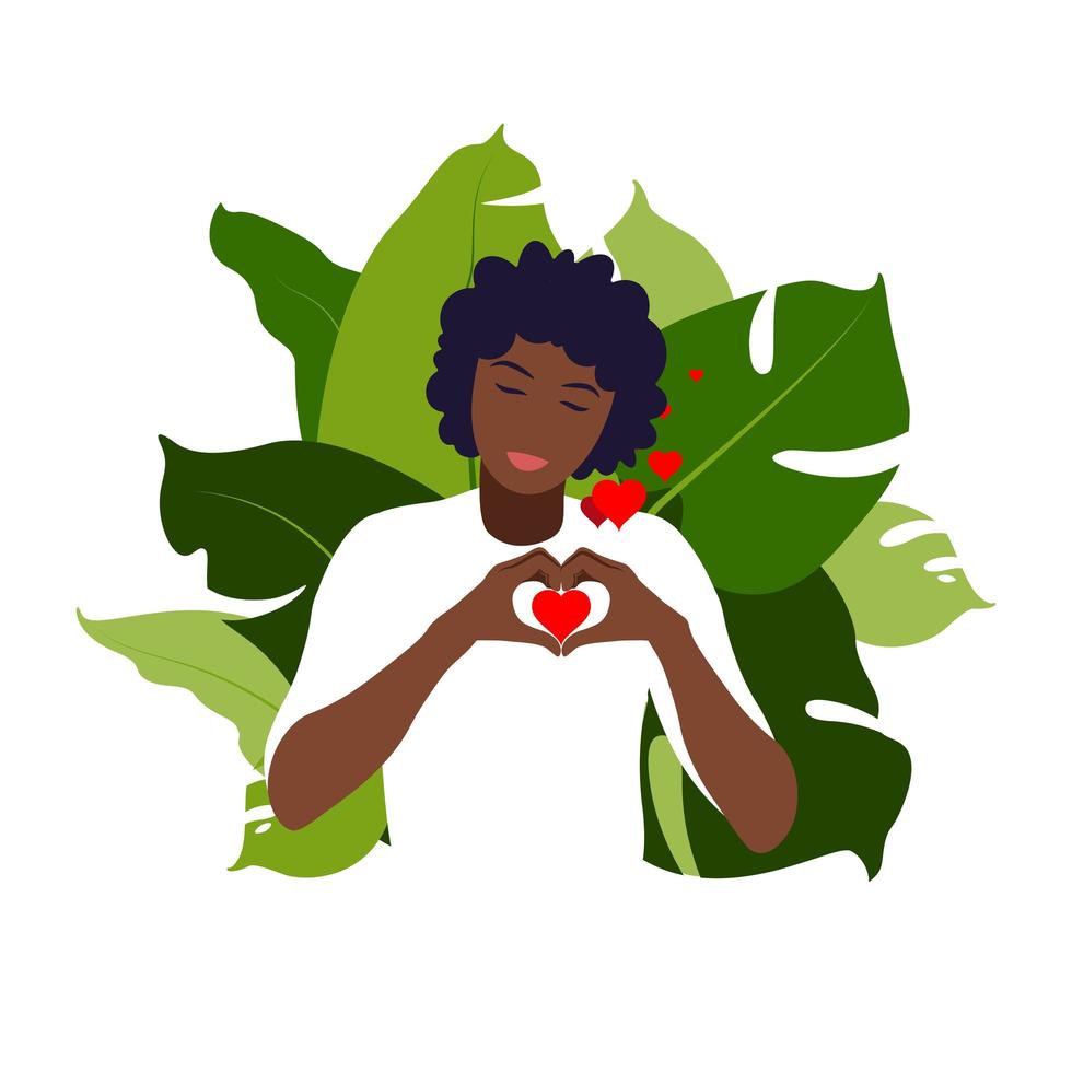 Young african woman hugs a big heart with love and care. Self care and body positive concept. Feminism, fight for your rights, girl power concept. Flat. vector