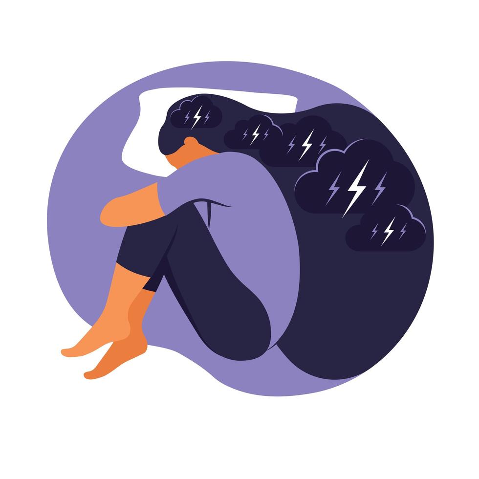 mujer sufre de estrés por insomnio. ella se acuesta en la cama y piensa. Ilustración del concepto de depresión, insomnio, frustración, soledad, problemas. vector plano.