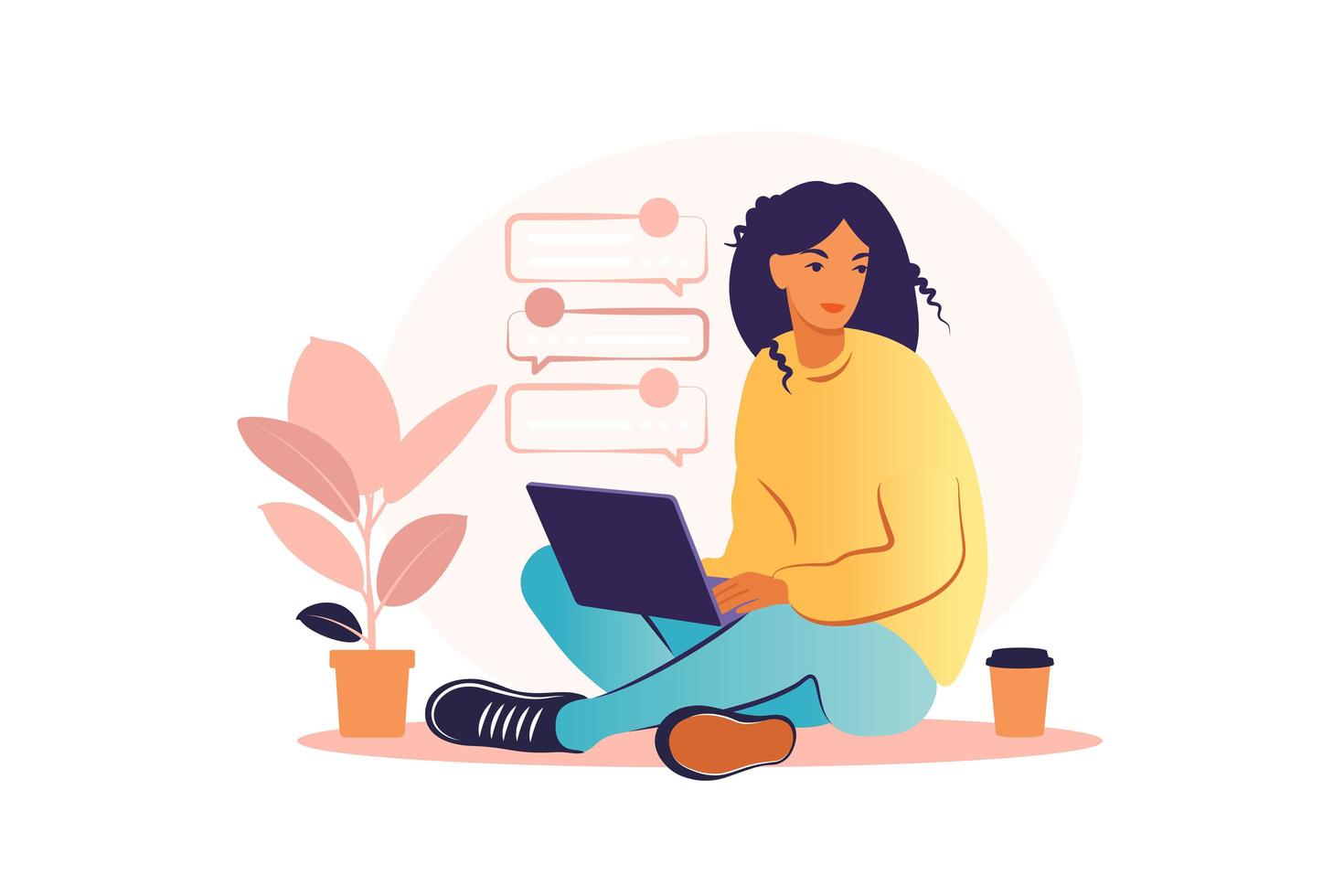 Woman sitting with laptop. Concept illustration for working, studying, education, work from home, healthy lifestyle. Can use for backgrounds, infographics, hero images. Flat. Vector illustration.