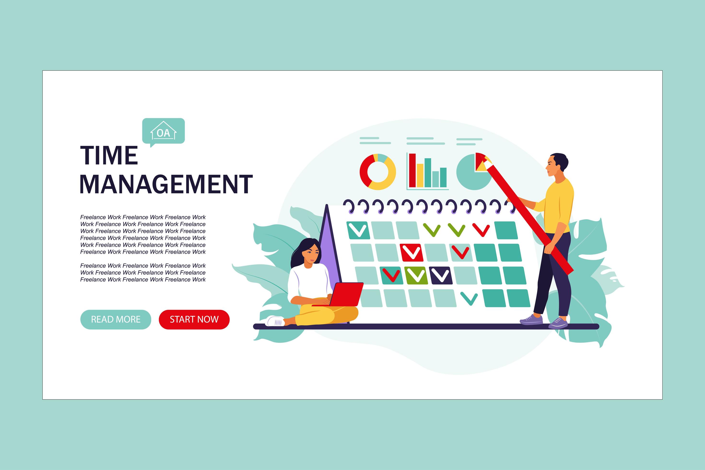 Timing and project scheduling. Landing page. Concept of time management