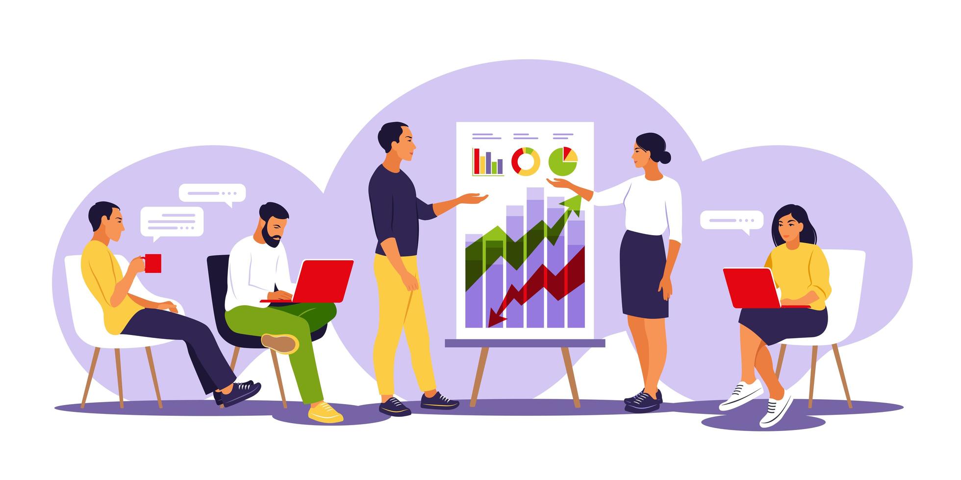 Coaches speaking before audience, presenting charts and reports. Training of employee. Team thinking and brainstorming. Vector illustration. Isolated flat.