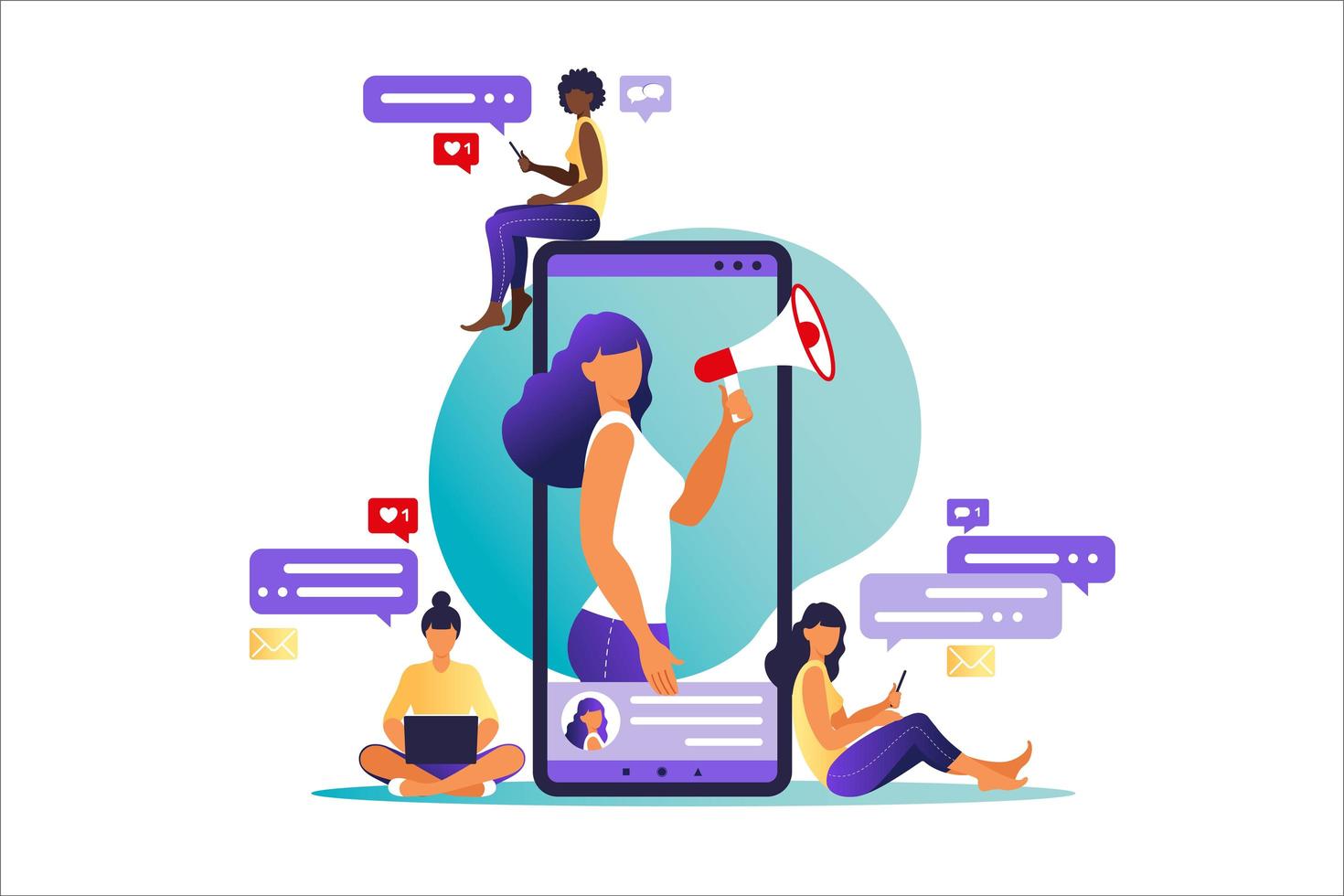 Woman with megaphone on screen mobile phone and young people surrounding her. Vector illustration in flat with characters - influence blogger promotion services and goods for his followers online.