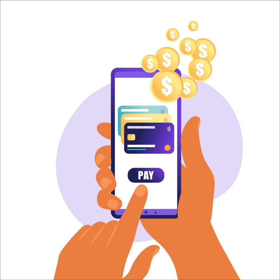 Online mobile payment concept. Mobile phone with credit card icon on the touch screen. Data protection concept. Can use for web banner, infographics. Vector illustration in flat.