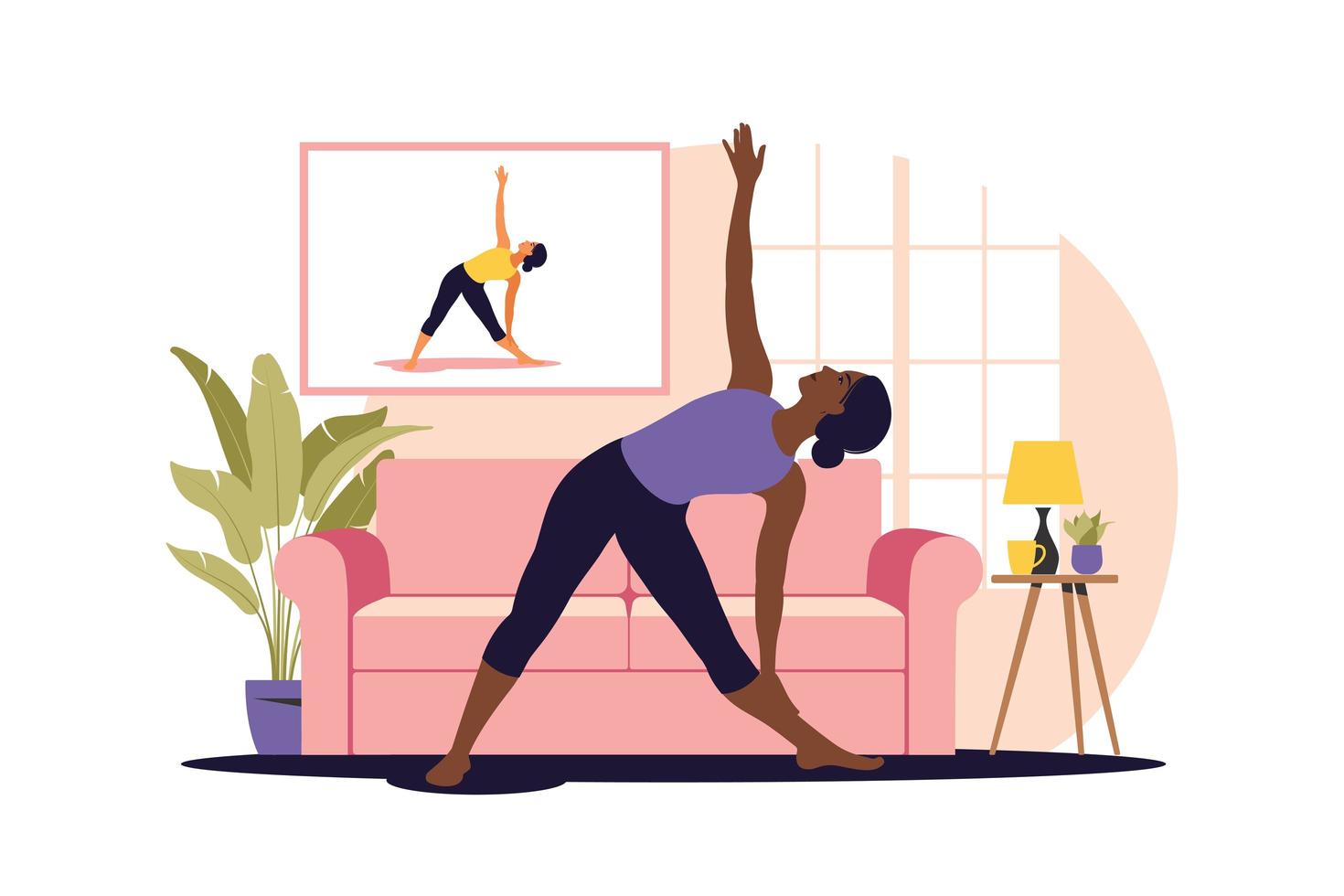 concepto de entrenamiento en línea. mujer africana haciendo yoga en casa. viendo tutoriales en un televisor. ejercicio deportivo en un interior acogedor. ilustración vectorial. Departamento. vector