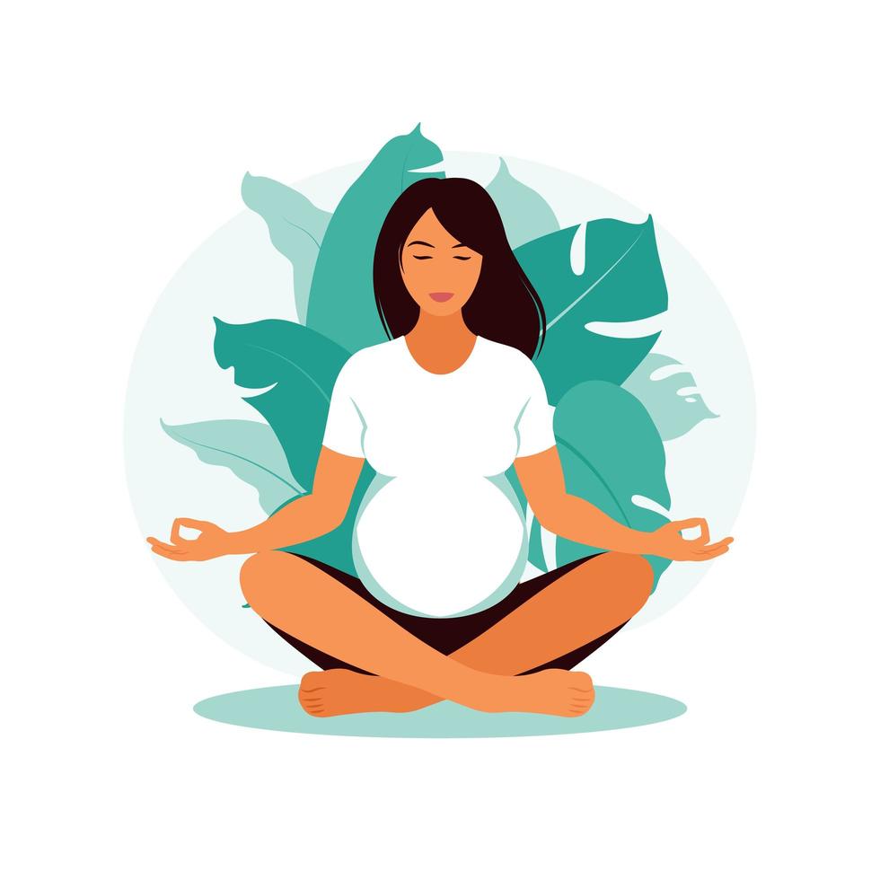 Pregnant woman makes yoga and meditation. Concept pregnancy, motherhood, health care. Illustration in flat style. vector