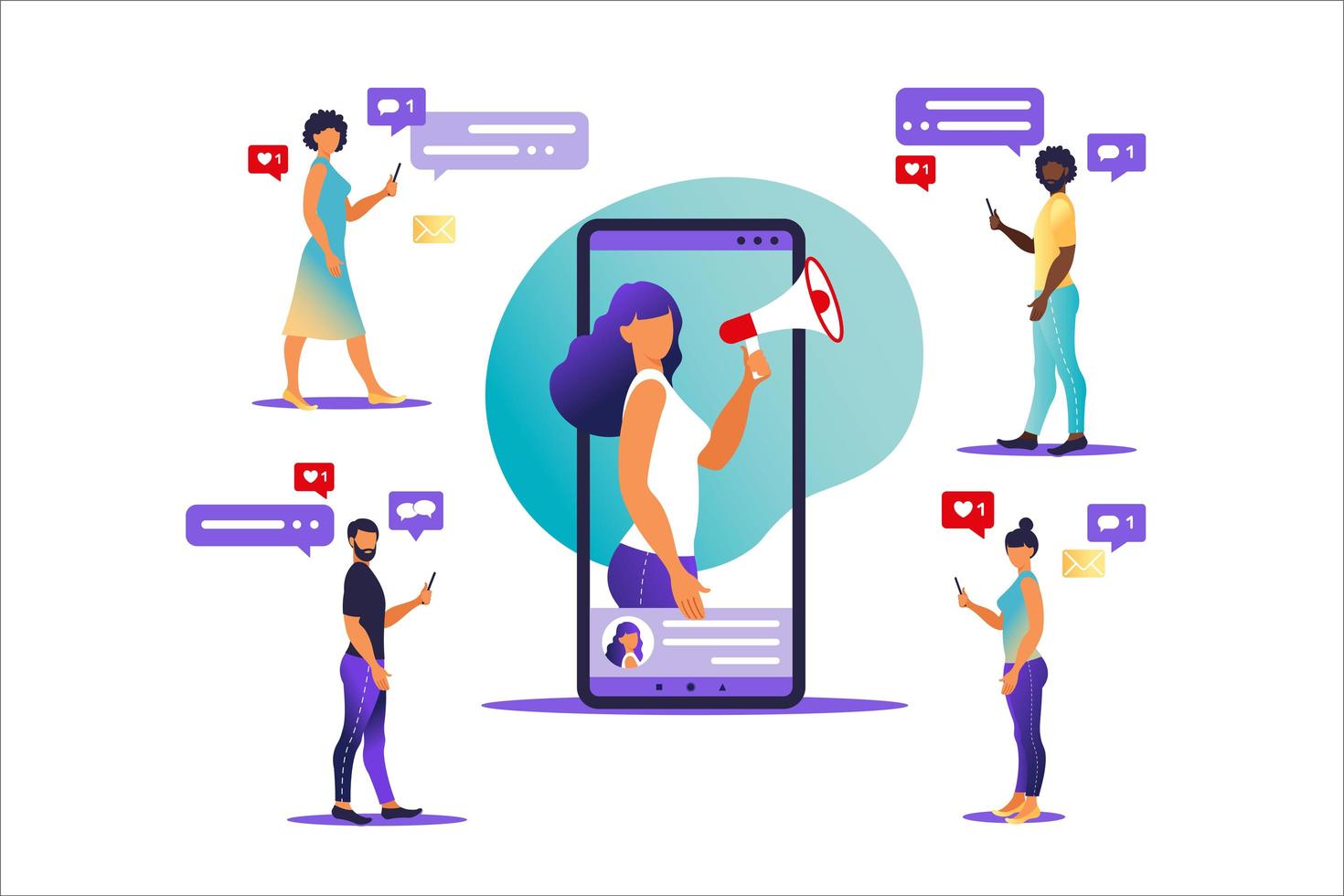 Woman with megaphone on screen mobile phone and young people surrounding her. Vector illustration in flat with characters - influence blogger promotion services and goods for his followers online.