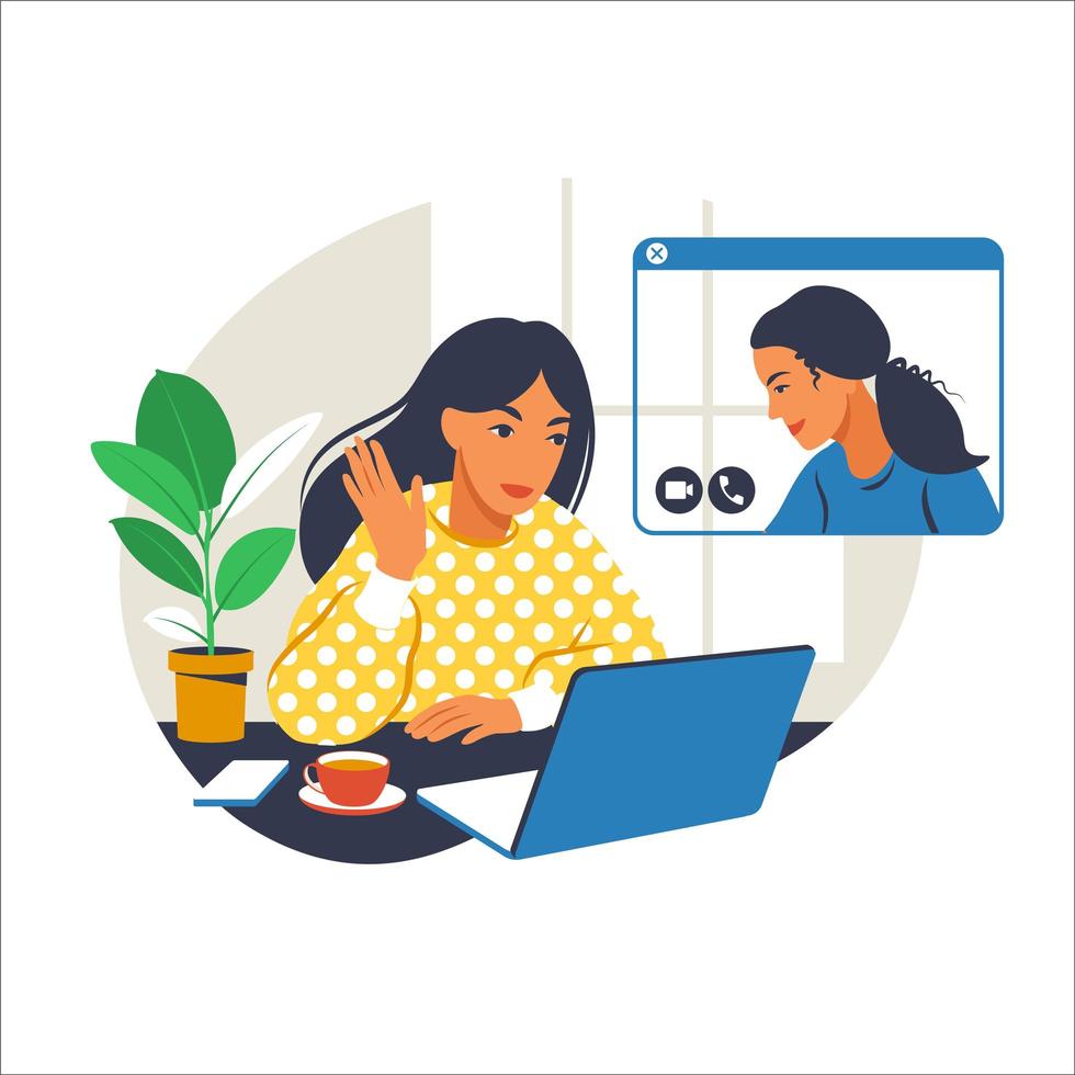 Girl at home or in the office at a desk with a laptop. Communication with the team via video online, urgent meeting, remote work, freelance. Vector flat illustration.