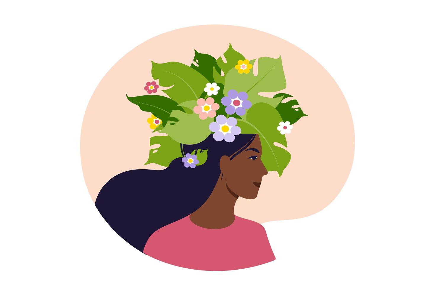 Mental health, happiness, harmony concept. Happy african female head with flowers inside. Mindfulness, positive thinking, self care idea. Vector illustration. Flat.