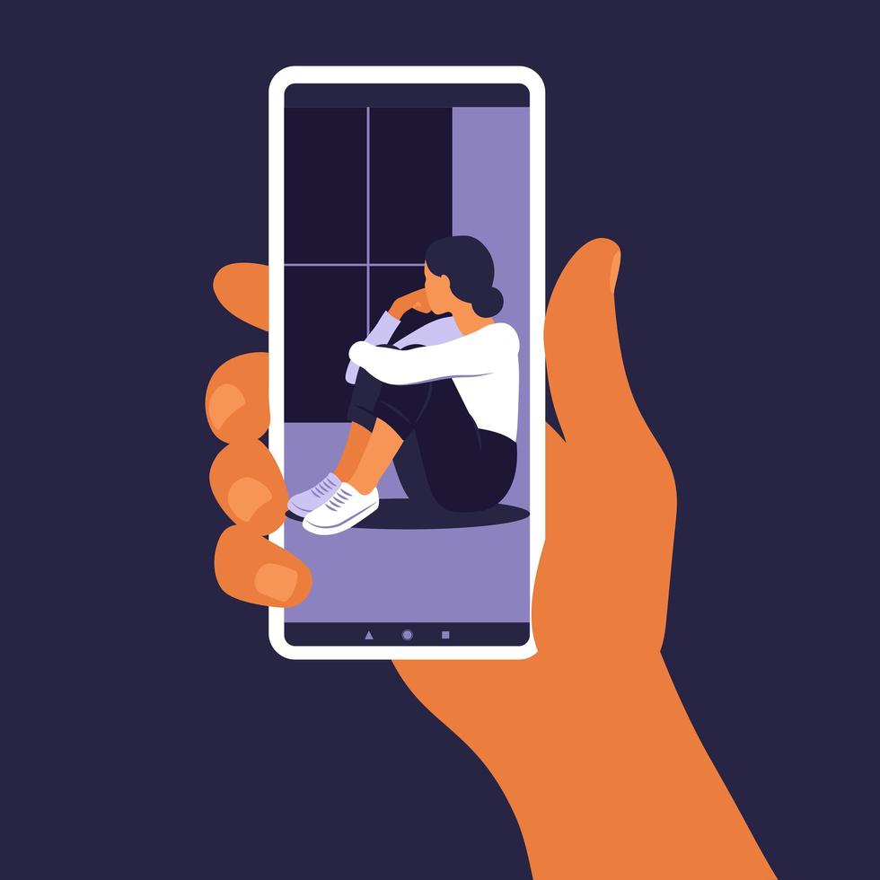 Crisis hotline. Hand holding a smartphone. New technologies concept. Mental health. vector