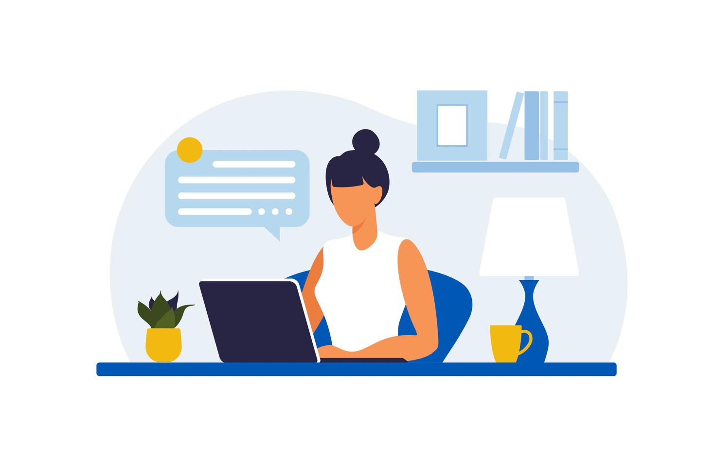 Woman sitting at the table with laptop. Working on a computer. Freelance, online education or social media concept. Working from home, remote job. Flat style. Vector illustration.