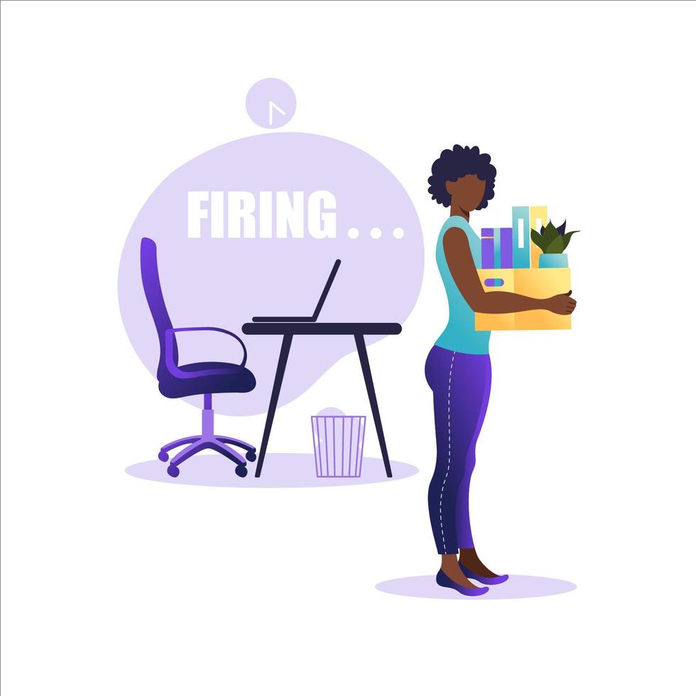 ilustración vectorial de despedir a un empleado. mujer afroamericana de pie con caja de oficinas con cosas. concepto de desempleo, crisis, desempleo y reducción del empleo de los empleados. Perdida de trabajo. vector