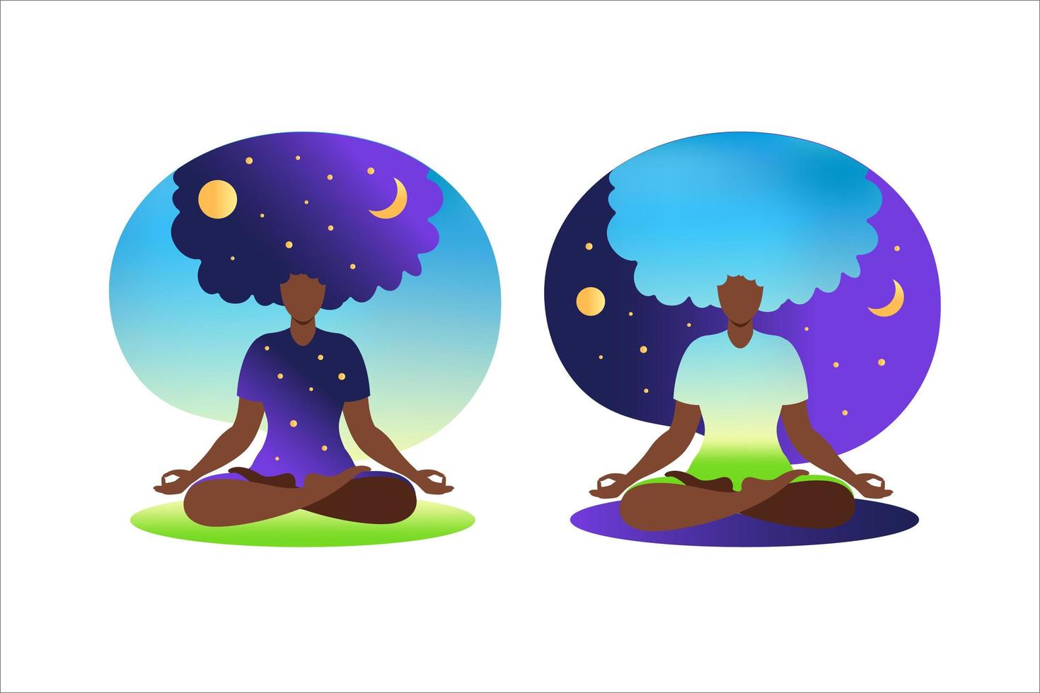 African woman meditating with nature background and her hair up. Meditation concept. Woman sitting in lotus position practicing meditation. in lotus pose. Vector illustration in flat style.