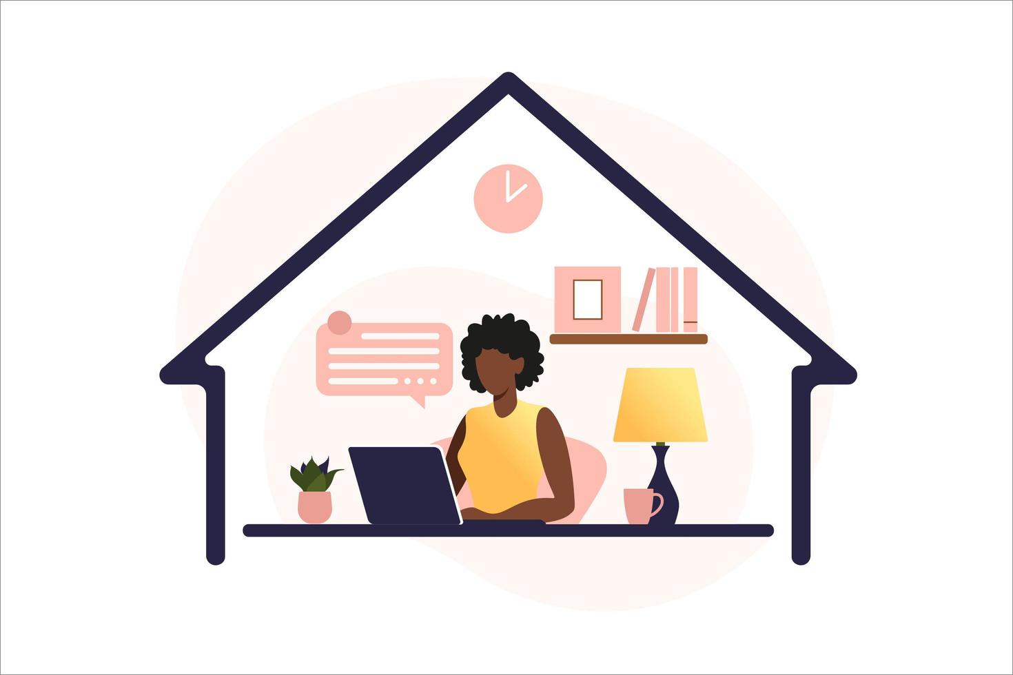 African american woman sitting table with laptop. Working on a computer. Freelance, online education or social media concept. Freelance or studying concept. Flat style. Vector illustration.
