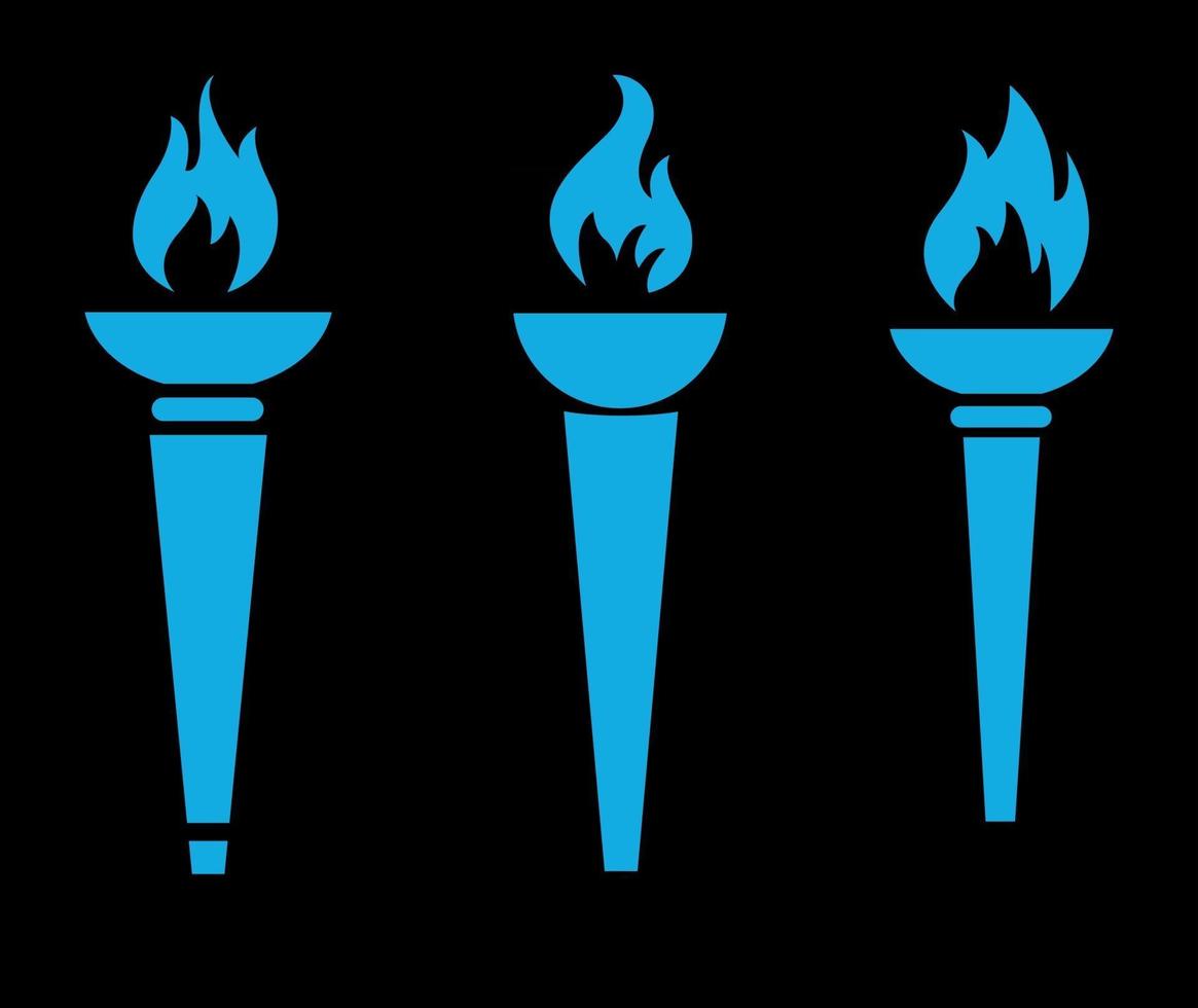 Colección de antorcha llameante abstracto azul sobre fondo negro, diseño de ilustraciones vector