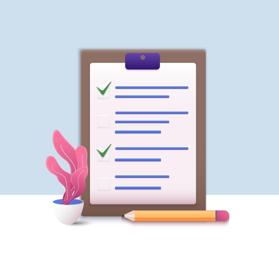 Checklist on a clipboard paper. Successful completion of business tasks. 3D Web Vector Illustrations.