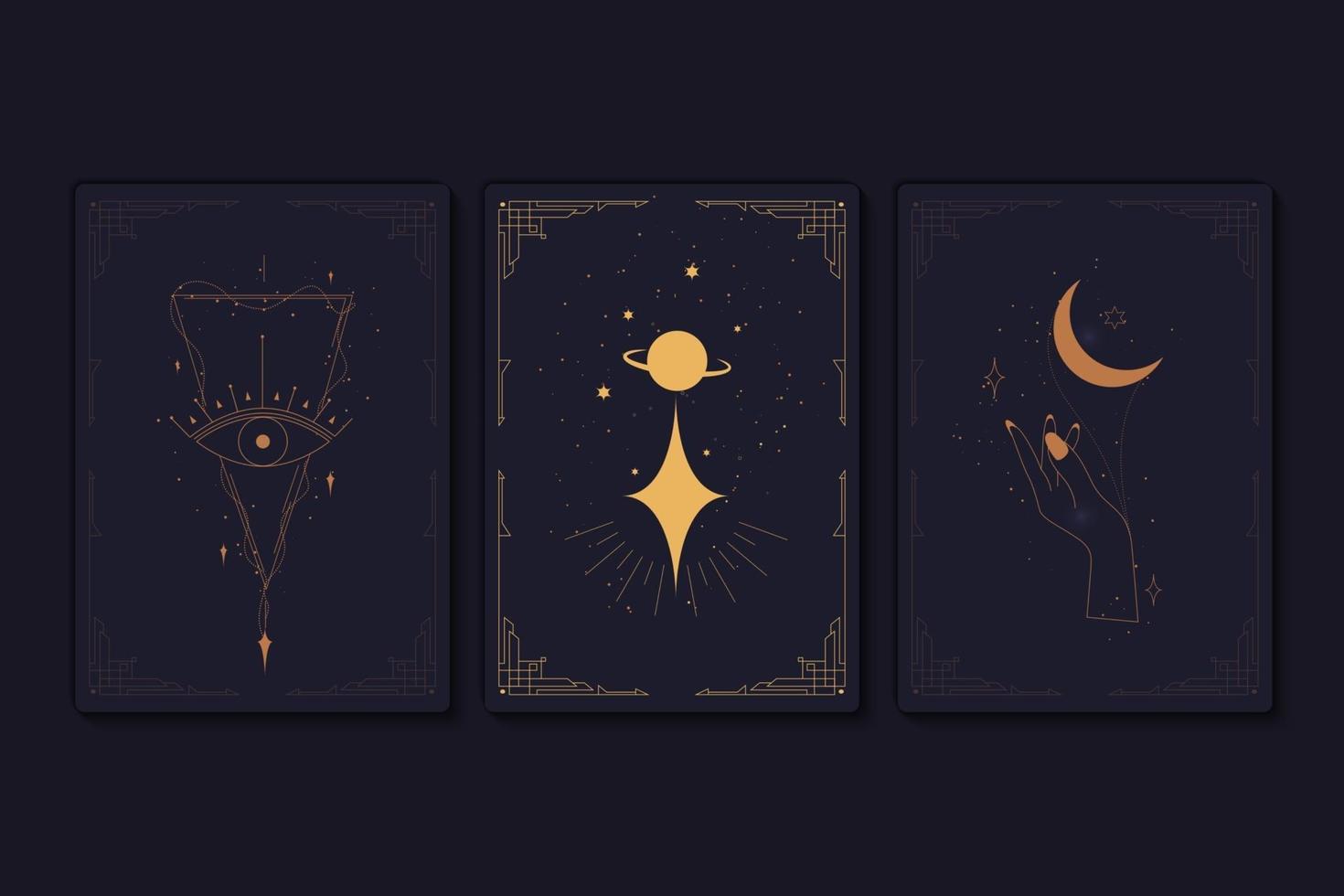 Set of mystical tarot cards. Elements of esoteric, occult, alchemical and witch symbols. Zodiac signs. Cards with esoteric symbols. Silhouette of hands, stars, moon and crystals. Vector illustration