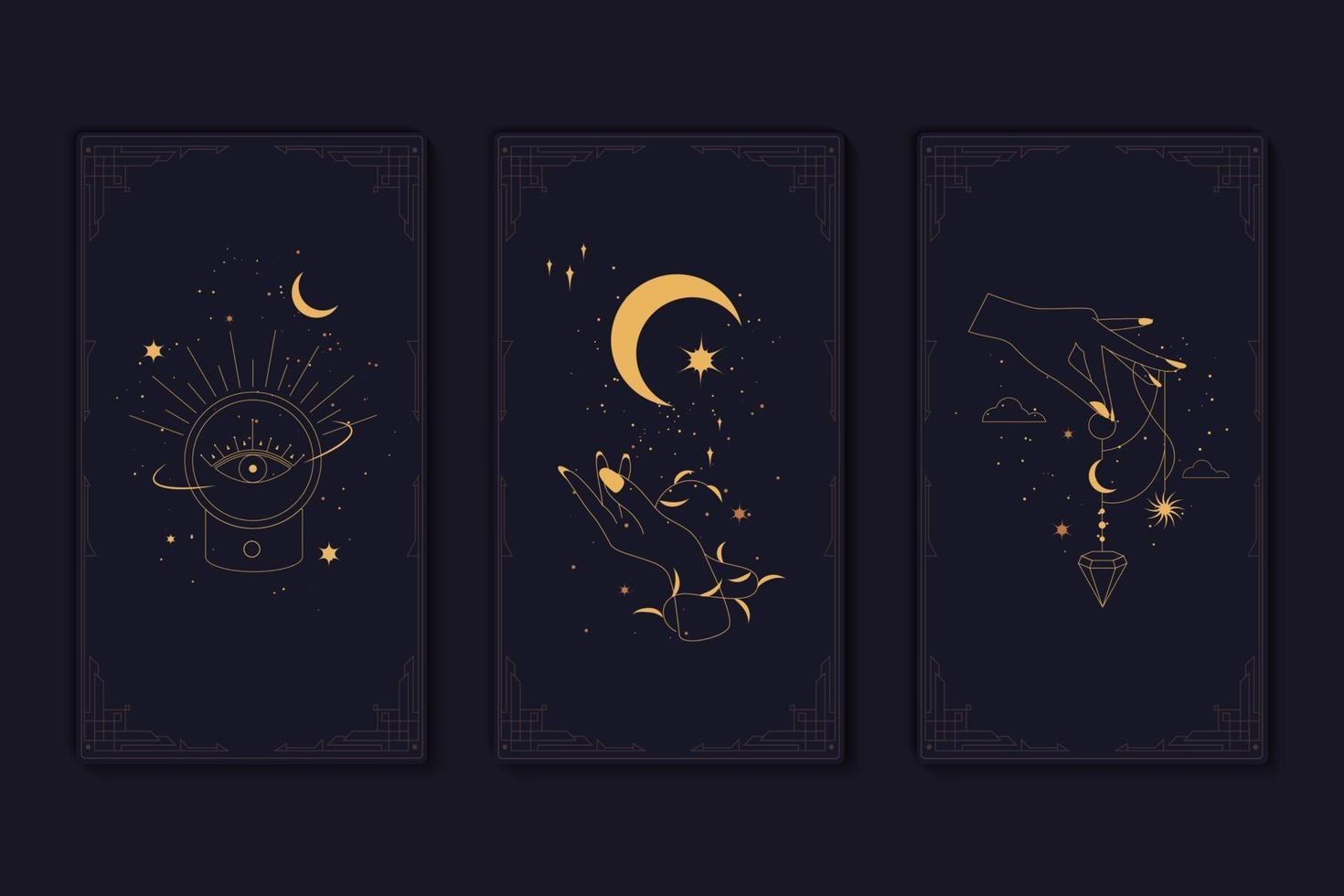 Set of mystical tarot cards. Elements of esoteric, occult, alchemical and witch symbols. Zodiac signs. Cards with esoteric symbols. Silhouette of hands, stars, moon and crystals. Vector illustration